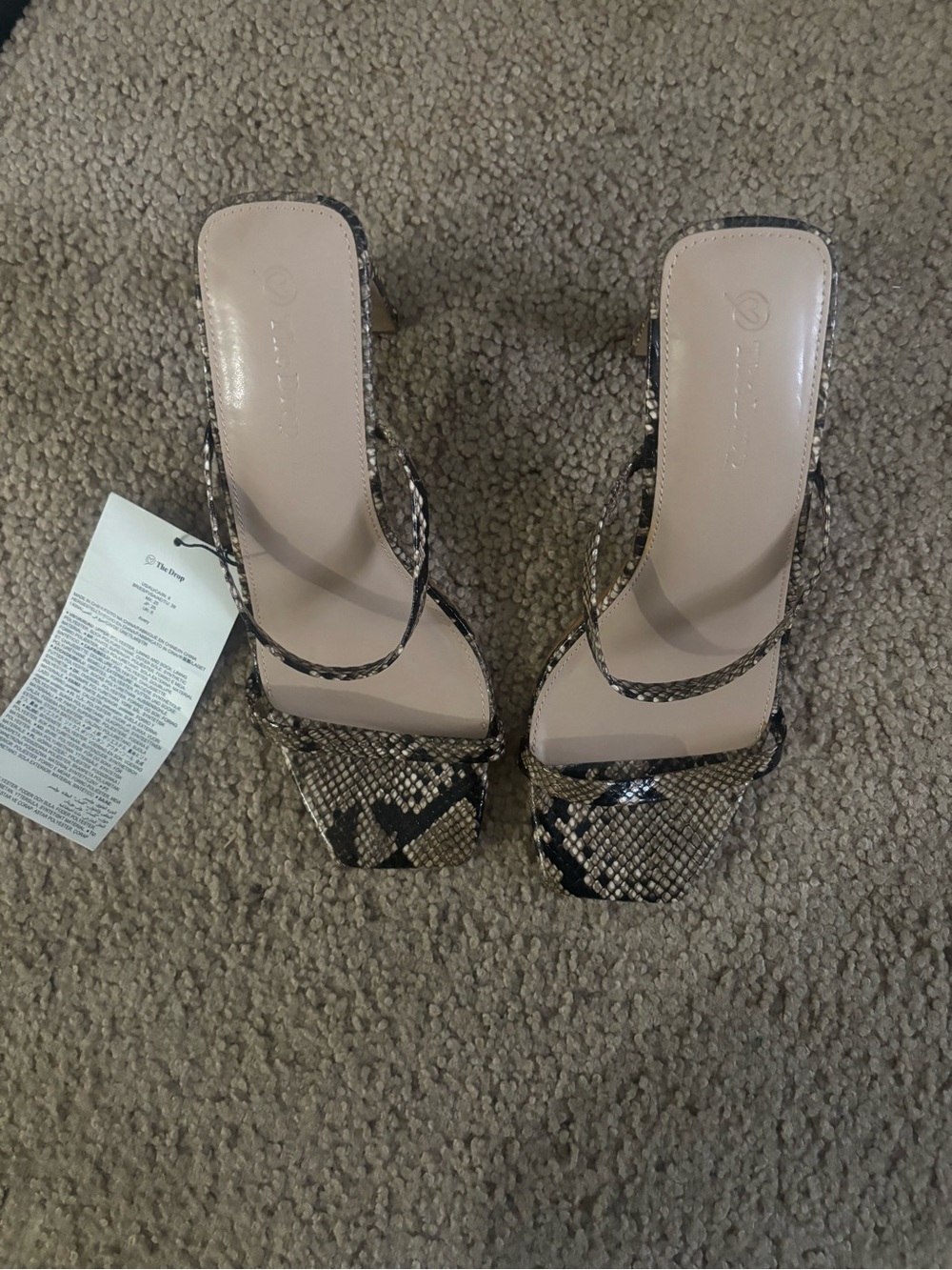Snake-Print Square-Toe Strappy Heels in Beige/Black